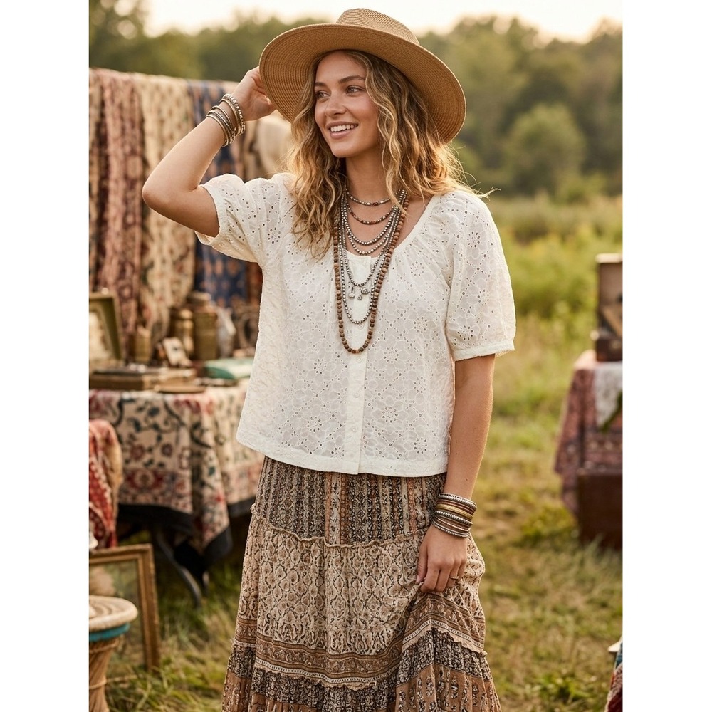 Sanctuary Anthropologie Womens Medium Off White Eyelet Puff Sleeve Button Top